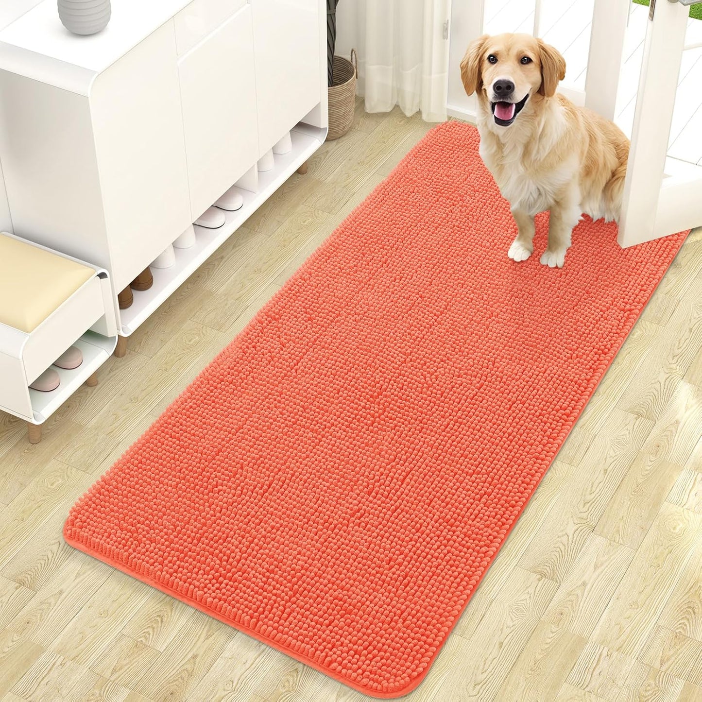 OLANLY Dog Door Mat - Absorbent Non-Slip Washable Chenille Mat for Muddy Paws | 47x24 Coral