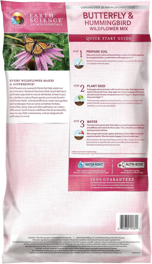 Earth Science Wildflower Seed Mix - 3-in-1 Premium Blend for Butterflies & Hummingbirds | 6 lb Non-GMO