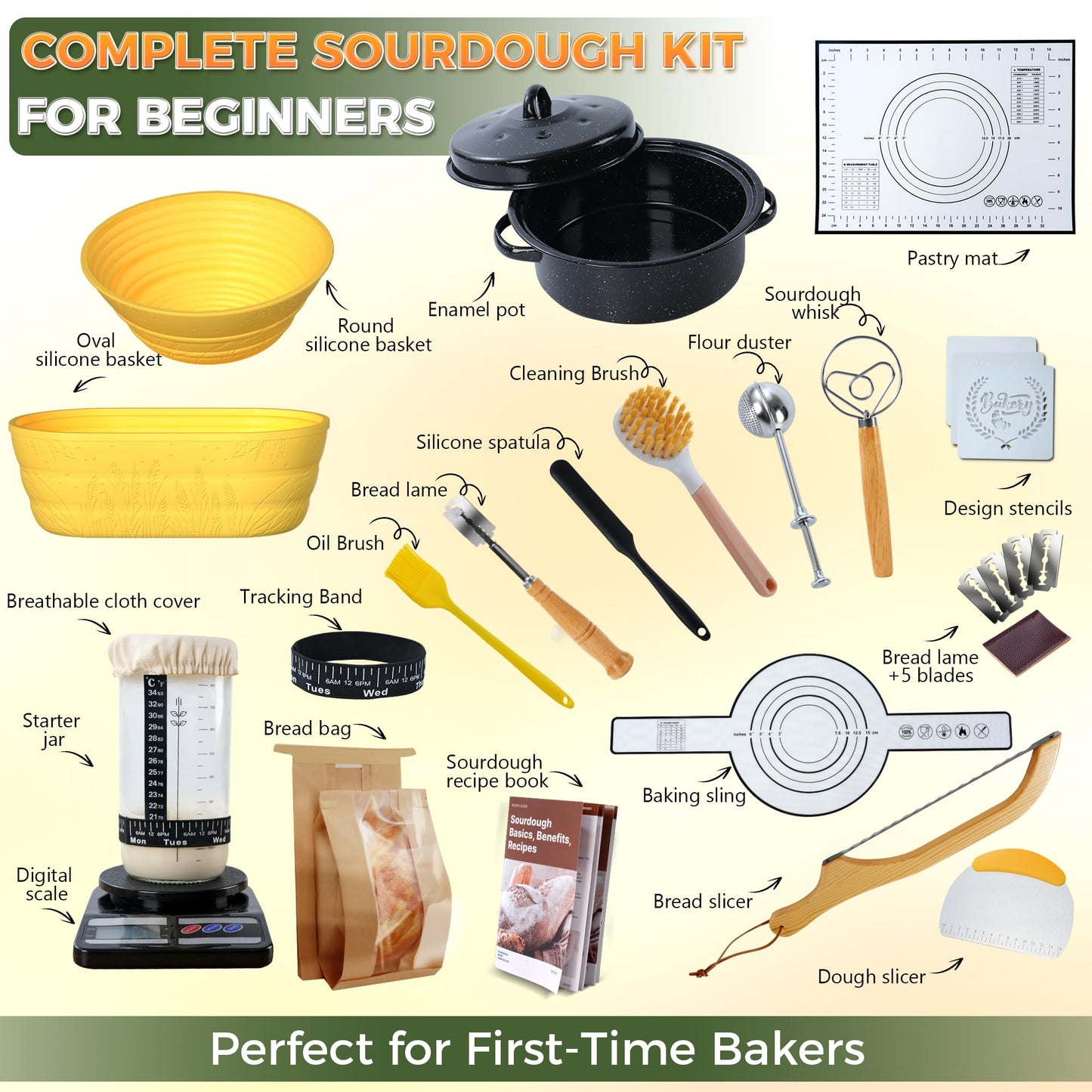 Sourdough Starter Kit for Beginners, 34 oz Starter Jar with Scale Marking, 2 Silicone Proofing Baskets, Complete Bread Baking Kit with Guide & Recipes, Easy to Use & Clean - Yellow