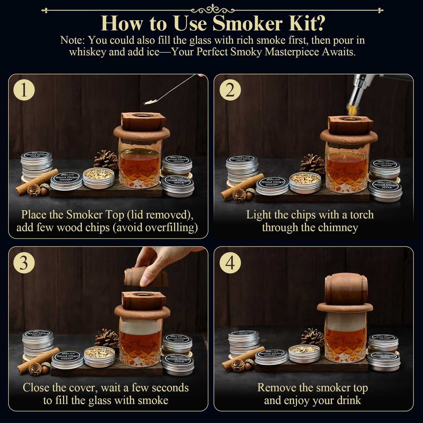 Whiskey Bourbon Cocktail Smoker Infuser Kit with Torch - 6 Flavors Wood Chips for Old Fashioned Drinks, Unique Anniversary Christmas Housewarming Gifts for Men,Dad,Father,Husband,Birthday (No Butane)
