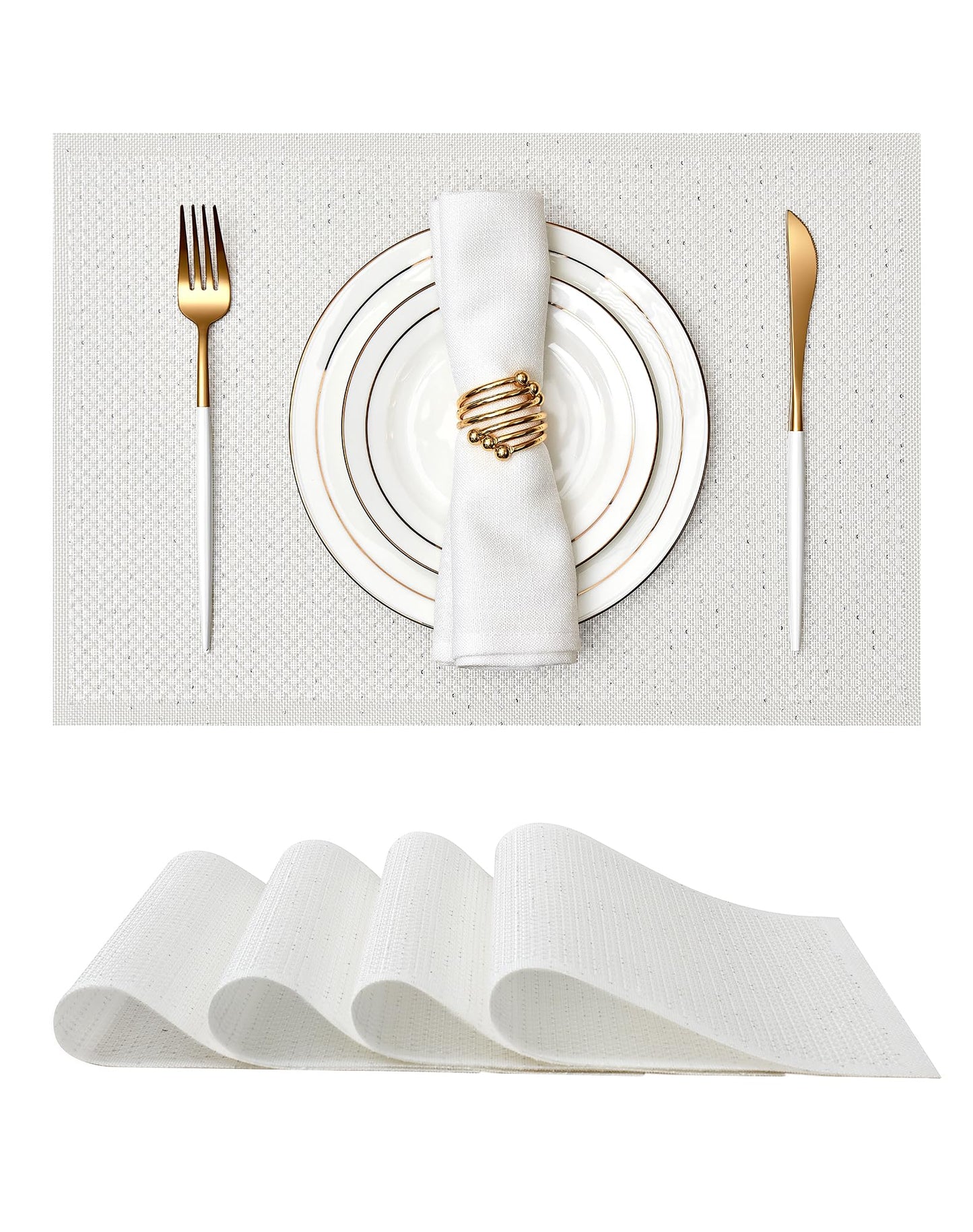 Leetaltree Sparkling Translucent White Sequin Woven Vinyl Placemats, Set of 6 - Waterproof & Washable Dining Table Mats for Wedding, Anniversary, Daily Use, Hand-Cut