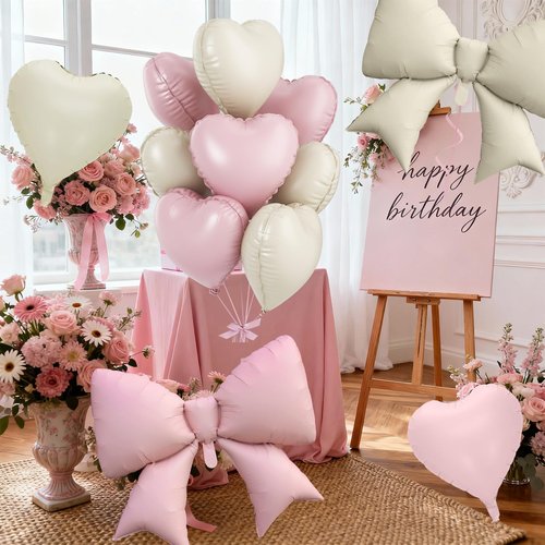 Cream Pink Heart Balloons, Pink Bow Balloons, 10Pcs 18 Inch Heart Shaped Balloon and 38 Inch Helium Bow Foil Balloon for Girl Women Birthday Valentine's Day Proposal Wedding Baby Shower Party Decor
