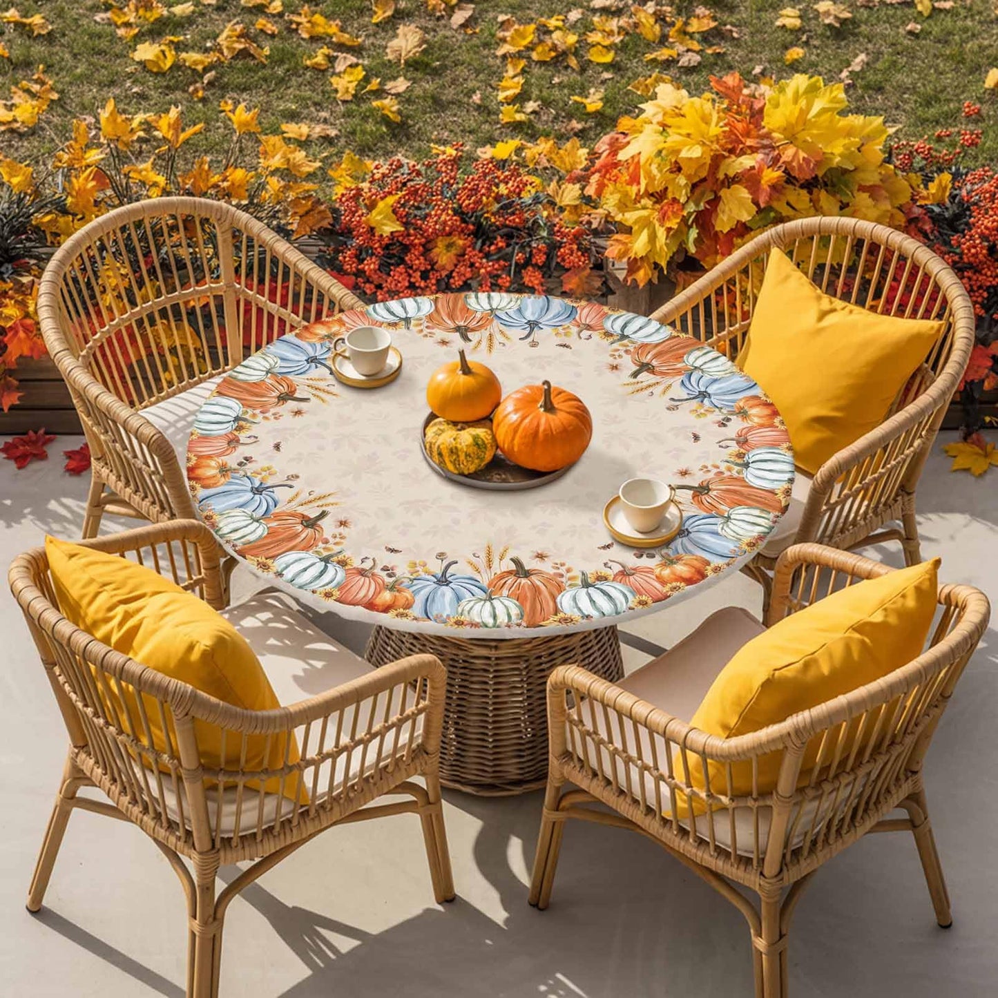 Thanksgiving Round Fitted Tablecloth 45-54inch, Autumn Pumpkin Sunflower Table Cover with Elastic Edged Waterproof Spillproof Table Cloths for Kitchen Dining Patio Holiday Tables, Fall Maple Leaves