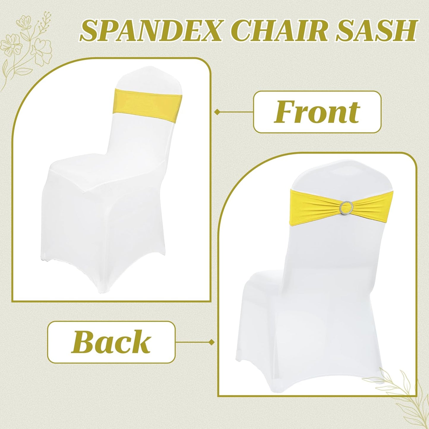 MDS Spandex Chair Sashes - Premium Stretch Covers with Buckle Slider | Universal Fit for Weddings & Events - Yellow, Pack of 100