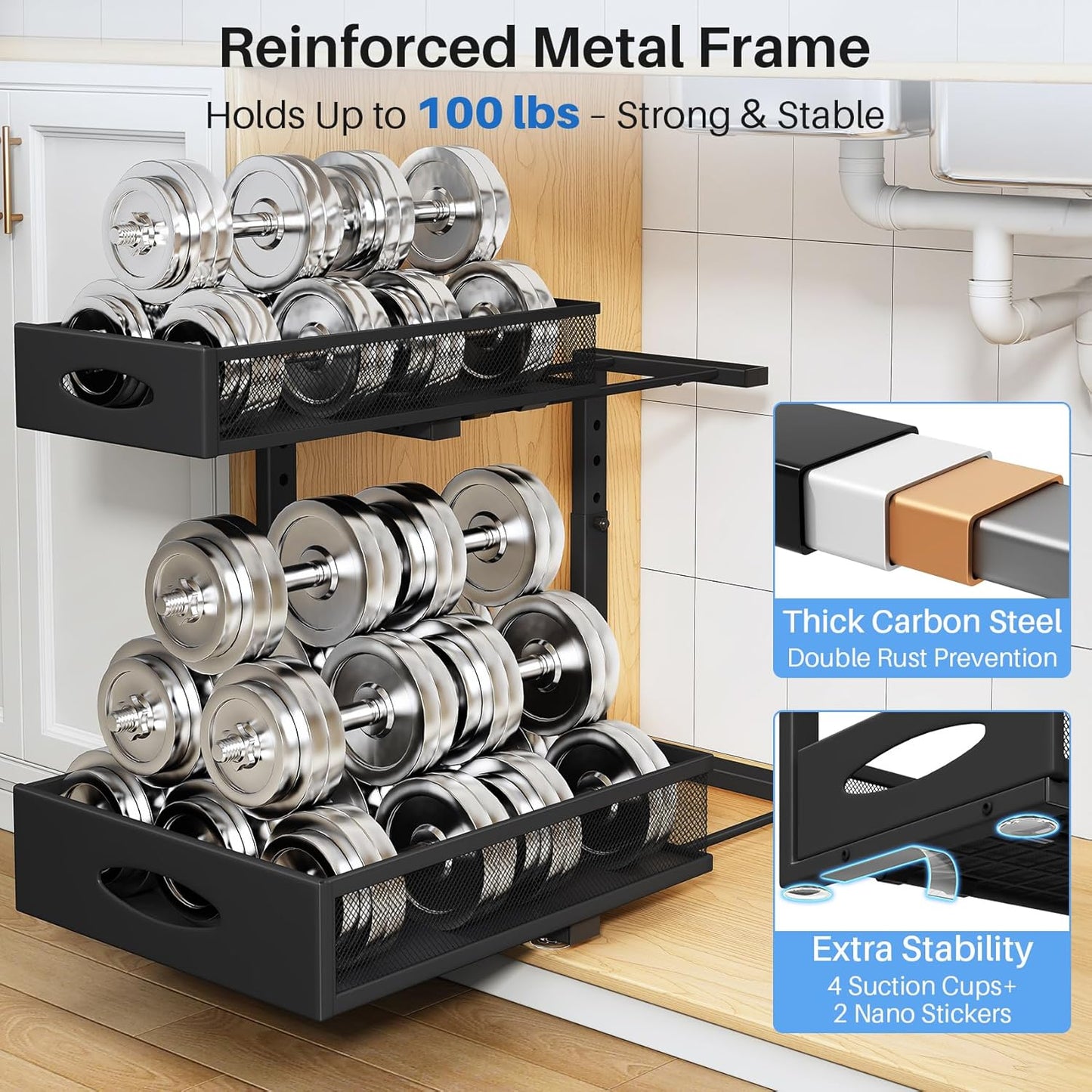 Under Sink Organizer - 2 Tier Pull Out Cabinet Shelf with Mesh Drawers | Black Storage Solution