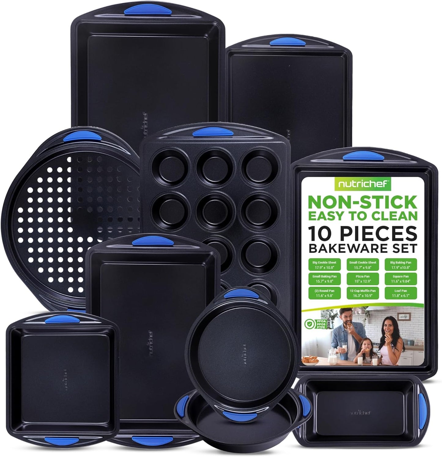 NutriChef 10-Piece Nonstick Bakeware Set - Heavy-Duty Carbon Steel Trays with Silicone Handles | Includes Cookie Sheets, Muffin Pan, Pizza & Loaf Pan, Round & Square Pans - Easy to Clean