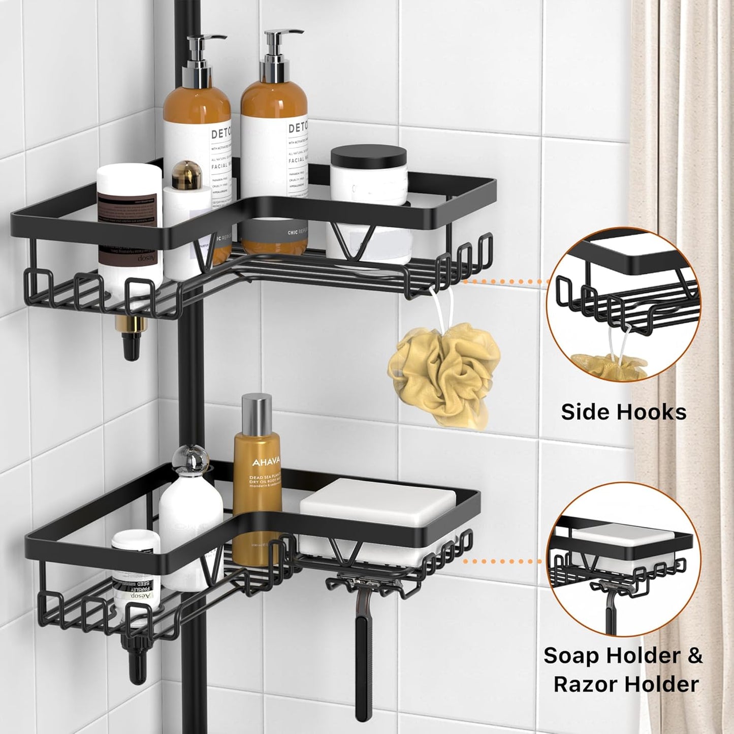 KEGII Corner Shower Caddy Tension Pole - Waterproof Floor-to-Ceiling Organizer | 25-114.2 Inch, Black