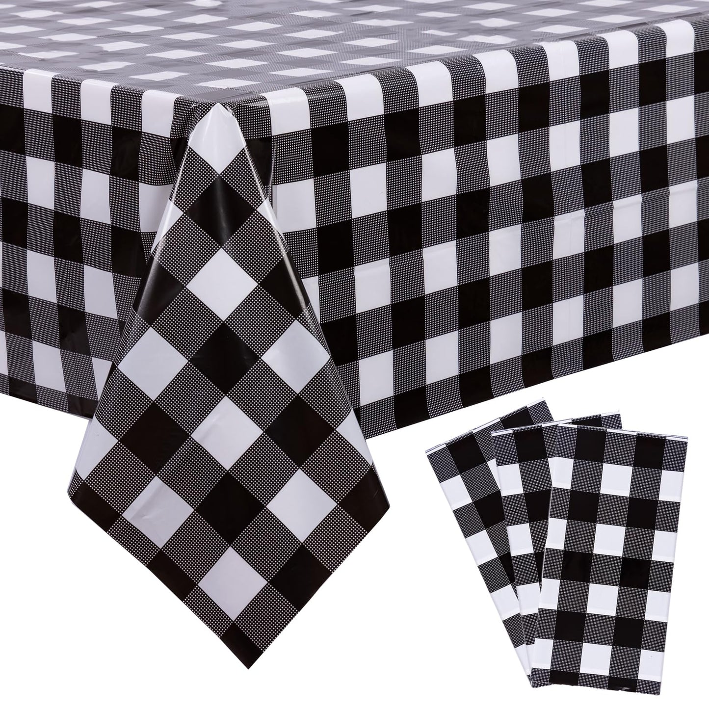 Kesfey 3 Packs Black Gingham Tablecloths 54 x 108 inch Black and White Checkered Tablecloth Disposable Plastic Plaid Picnic Tablecover Waterproof Fall Checkered Table Cloth for Camping Halloween Party