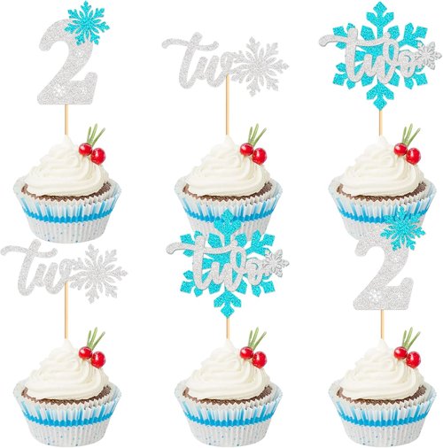 Ercadio 24 PCS Blue Snowflake Cupcake Toppers - Glittery Picks for Winter Onederland Theme Party