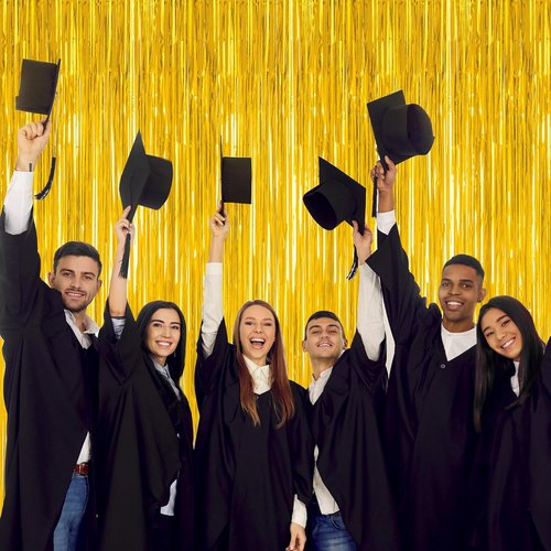 Gold Graduation Decorations 2026 - 12 Pack Metallic Backdrop Curtains | 3.28 FT x 7.05 FT Fringe Streamers