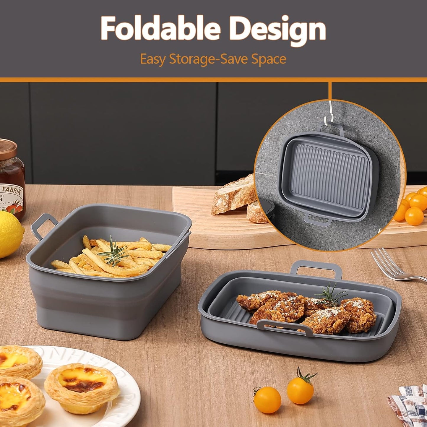 NINJA Air Fryer Silicone Liners - Collapsible 2-Pack for 8QT & 10QT | Reusable Gray Basket Pots