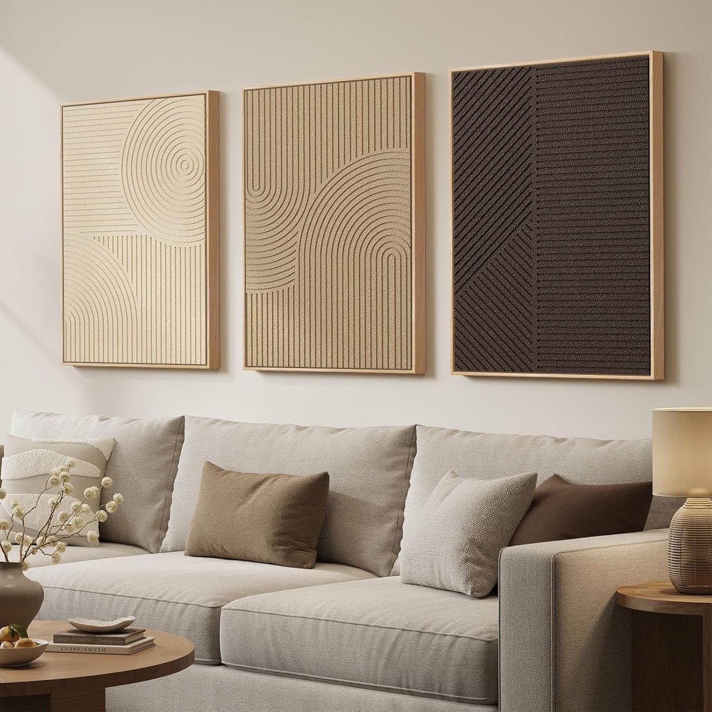 Skiennix Large 3D Textured Boho Wall Art - Modern Minimalist Paintings | 3-Piece Set, Brown & Beige, 20x30 In
