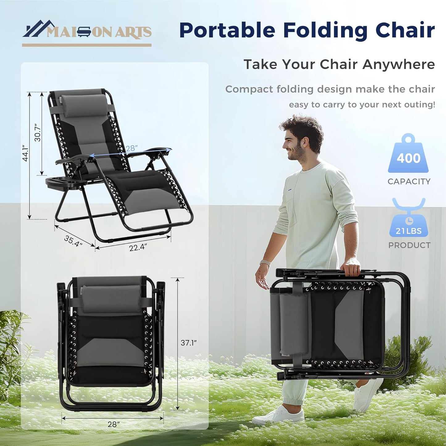 Maison Arts Oversized Zero Gravity Chairs - Set of 2 Folding Recliners with Cup Holder, 28" Wide Seat, Supports 400lbs, Grey & Black