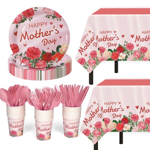 Childom Mothers Day Decorations for Party,132 Pcs Disposable Mothers Day Plates Tablecloth Cups Knives Spoons Forks for Party Supplies,Plates Tableware for Moms Birthday,Home,Brunch,Dinner,Serves 26