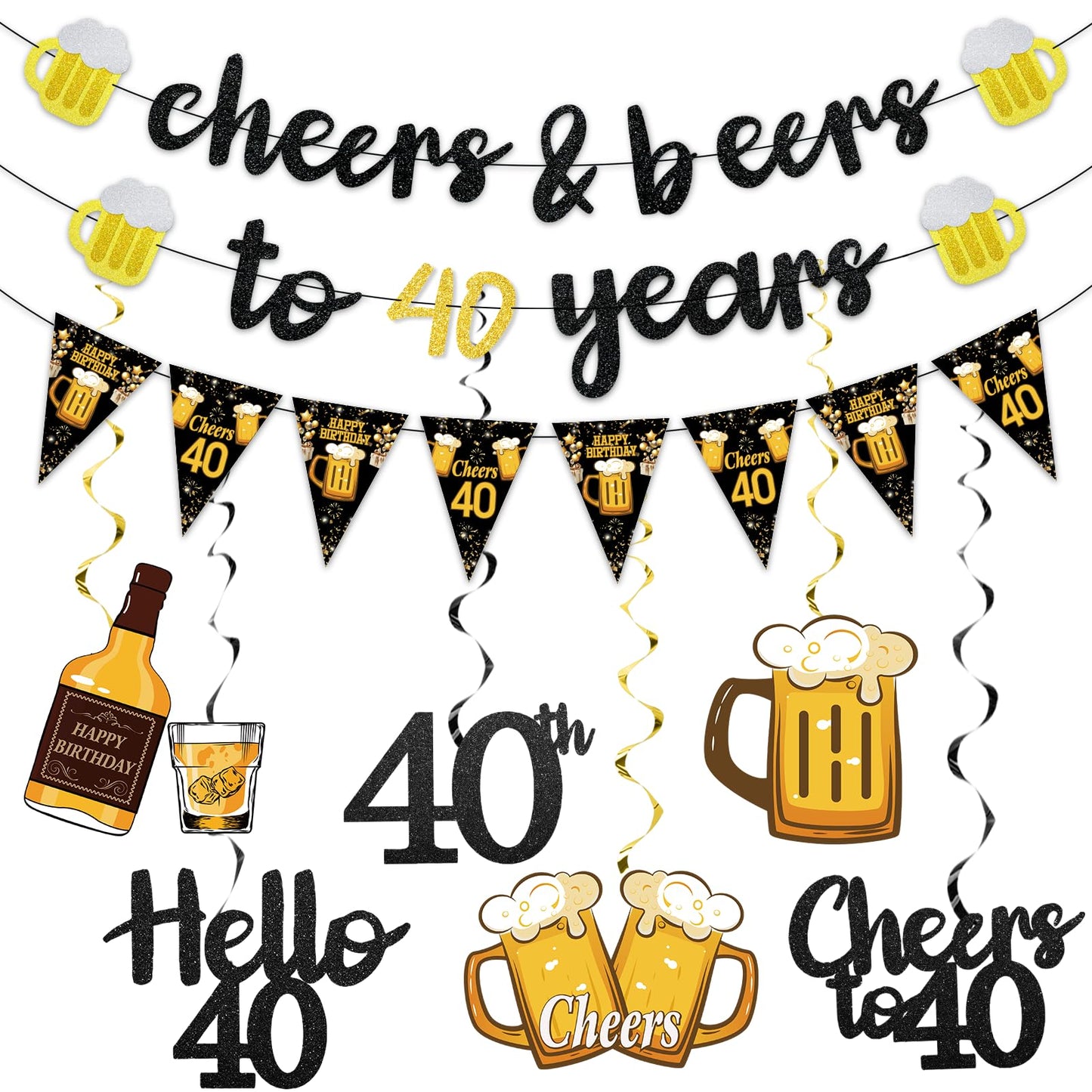Black Gold 40th Birthday Decorations for Him Men, Glitter Pre-Strung Cheers to 40 Years Banner Hello 40 Hanging Swirls Paper Triangle Flag Banner Decorations Bday Party Supplies Kit