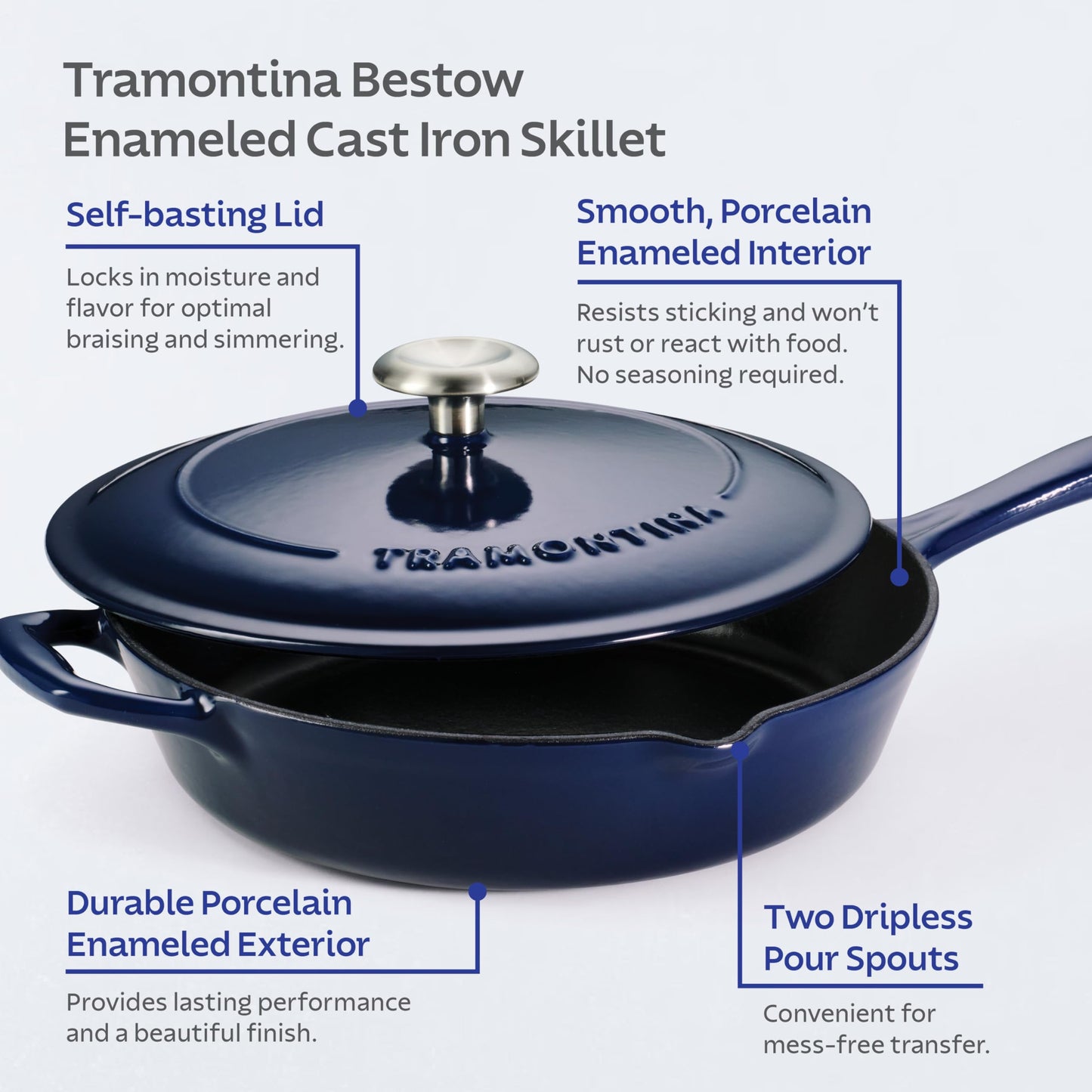Tramontina Bestow Enameled Cast Iron Skillet with Lid, 12-inch Frying Pan, Blue