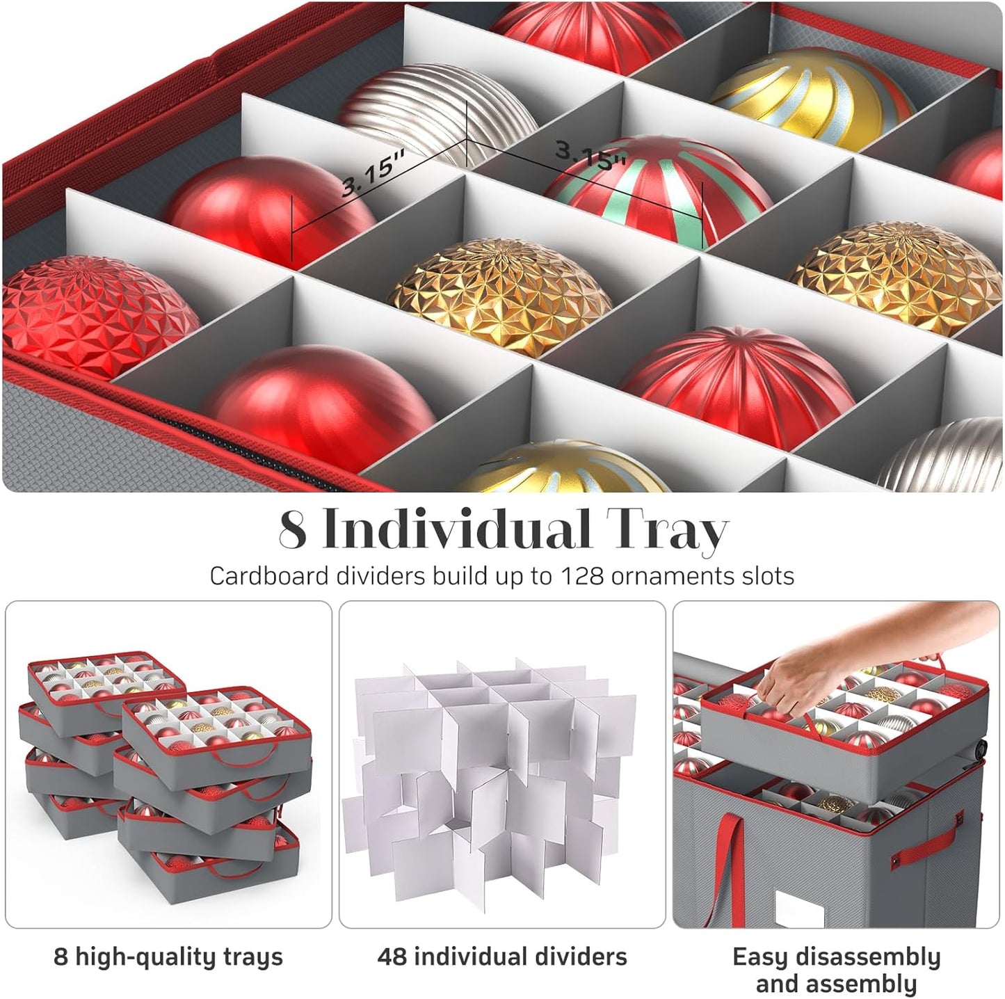 Winpull Christmas Ornament Storage Box - Large 128-3'' Holiday Ornament Organizer with Adjustable Dividers & Dual Zipper (Grey)
