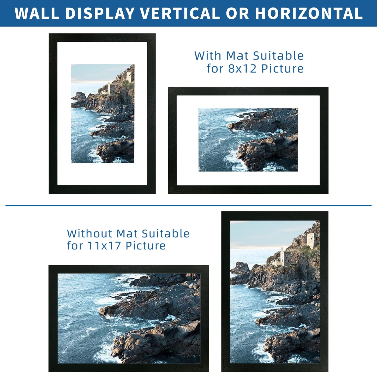 Hongkee 11x17 Frame Set of 2, Rustic Black Wood Style - Display 11 x 17 Poster without Mat or 8x12 Picture with Mat, Wall Mounting Horizontal and Vertical