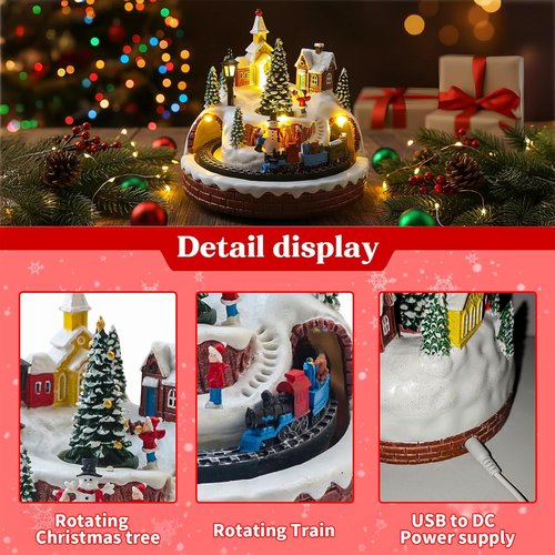 Christmas Village Decoration - Spinning Train & Tree, Musical Collectible with LED Lights & Timer Function