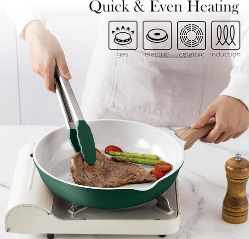 Country Kitchen Nonstick Pots and Pans Set - 14 Pcs Cast Aluminum Cookware with Utensils | Sage Color