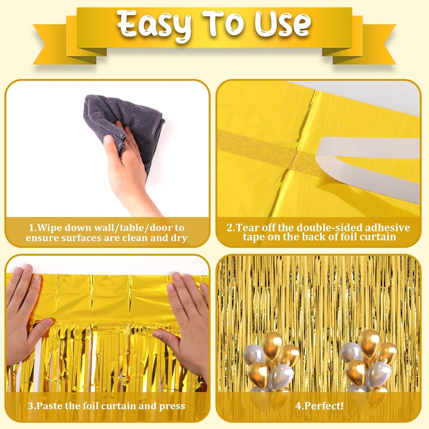 Voircoloria Gold Foil Fringe Backdrop Curtains - 2 Pack Tinsel Streamers for Parties & Events