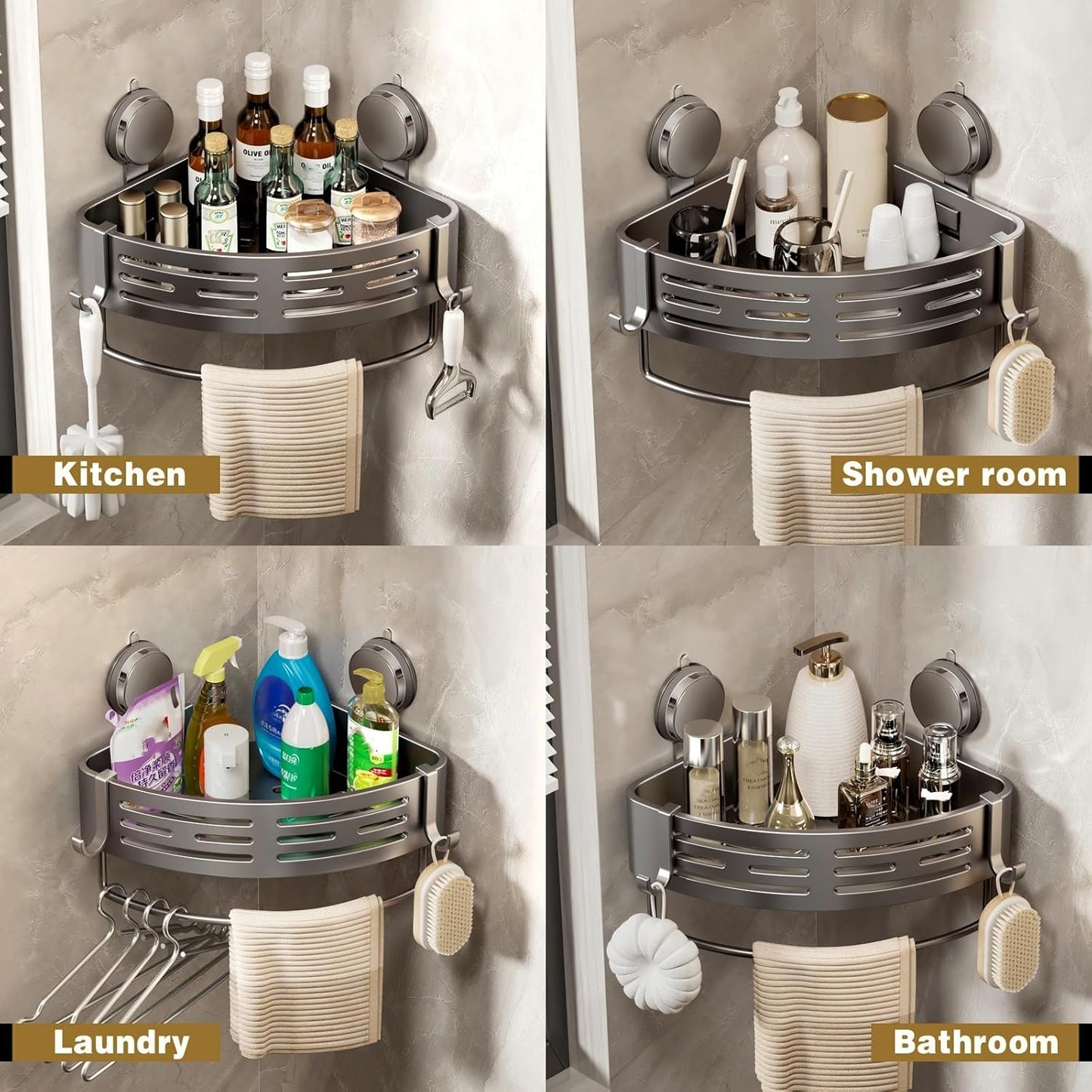 VOLPONE Shower Caddy - No Drill Corner Suction Cup Organizer | Gray Adhesive Shelf (1-Pack)