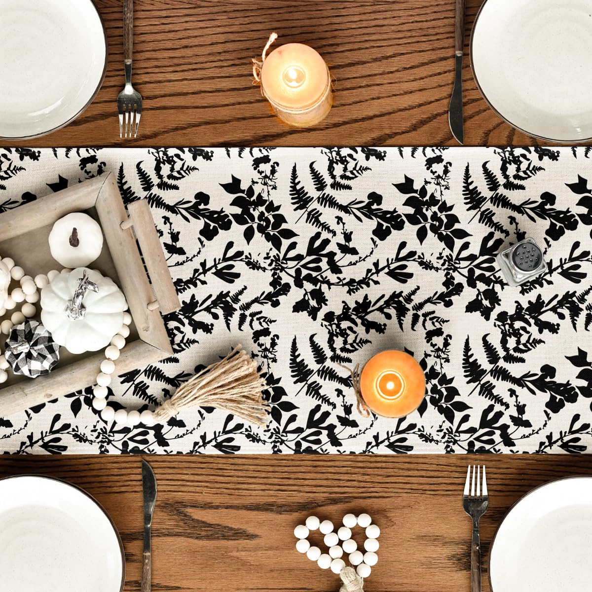 Artoid Mode Pumpkin Leaves Darkness Flower 210 GSM Fall Table Runner, Seasonal Autumn Kitchen Dining Table Decoration for Home Party Decor 13x90 Inch