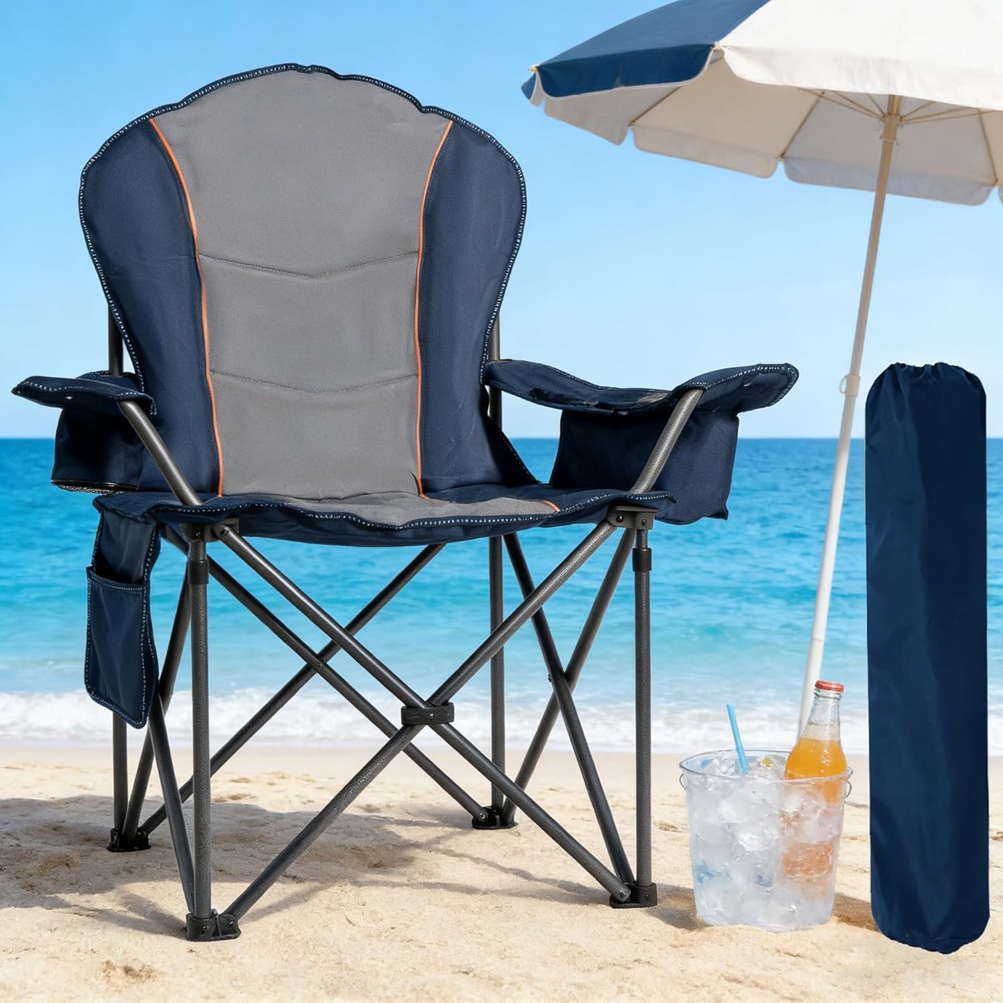Skiennix Oversized Camping Chair - Heavy Duty Portable Folding Design with Cup Holder & Waterproof Phone Case | Blue & Gray, XL