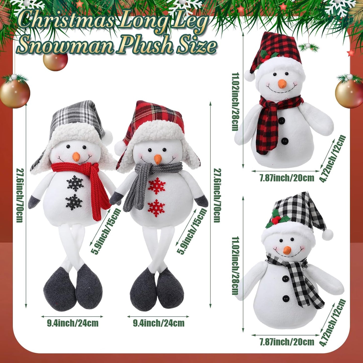Yuntau Plush Snowman Decor - 4 Pack Sitting Winter Snowmen with Scarf & Hat | Rustic Holiday Ornaments