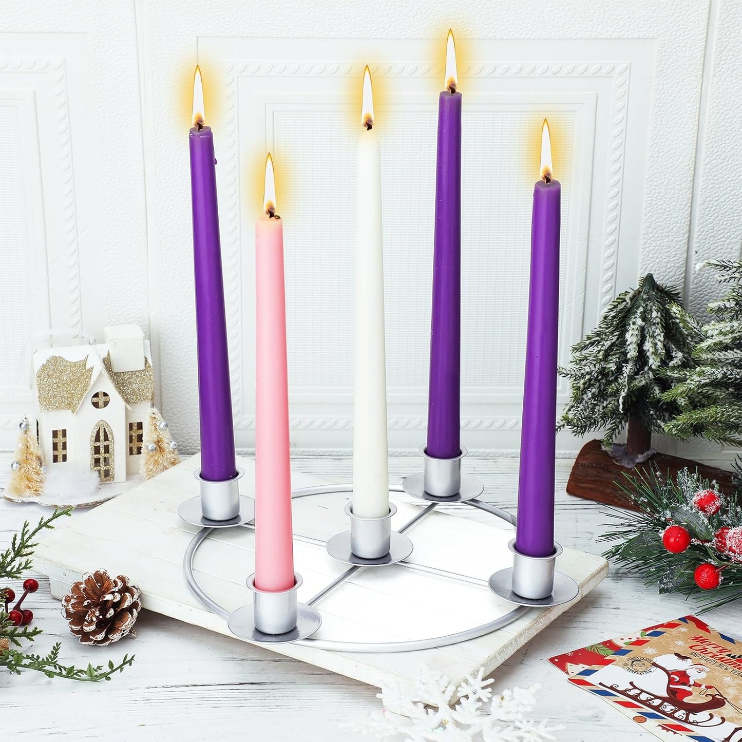 Newtay Christmas Advent Wreath Candle Holder - 5 Candle 8.5 Inch Metal Ring for Holiday Home Decor | Silver