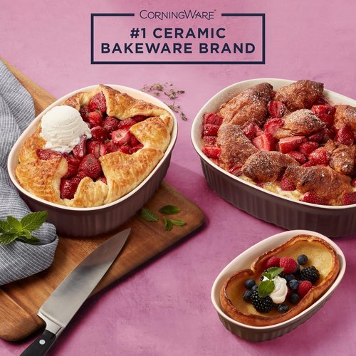 CorningWare Ceramic Bakeware Set - Chip & Crack Resistant Stoneware | 6-Piece French Cabernet, Safe for Microwave & Oven