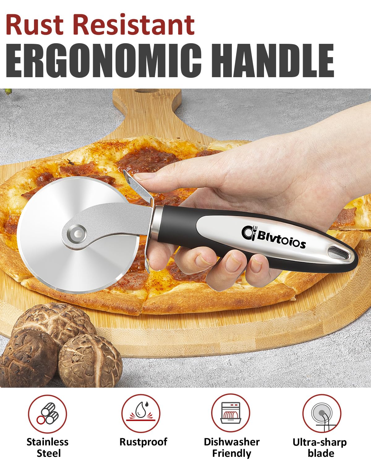 Blvtoios Premium Pizza Cutter, Multi-Purpose Stainless Steel Pizza Cutter Wheel with Non-Slip Soft Touch Handle, Perfect for Cutting Pizza, Dough and Pastry, Dishwasher Safe