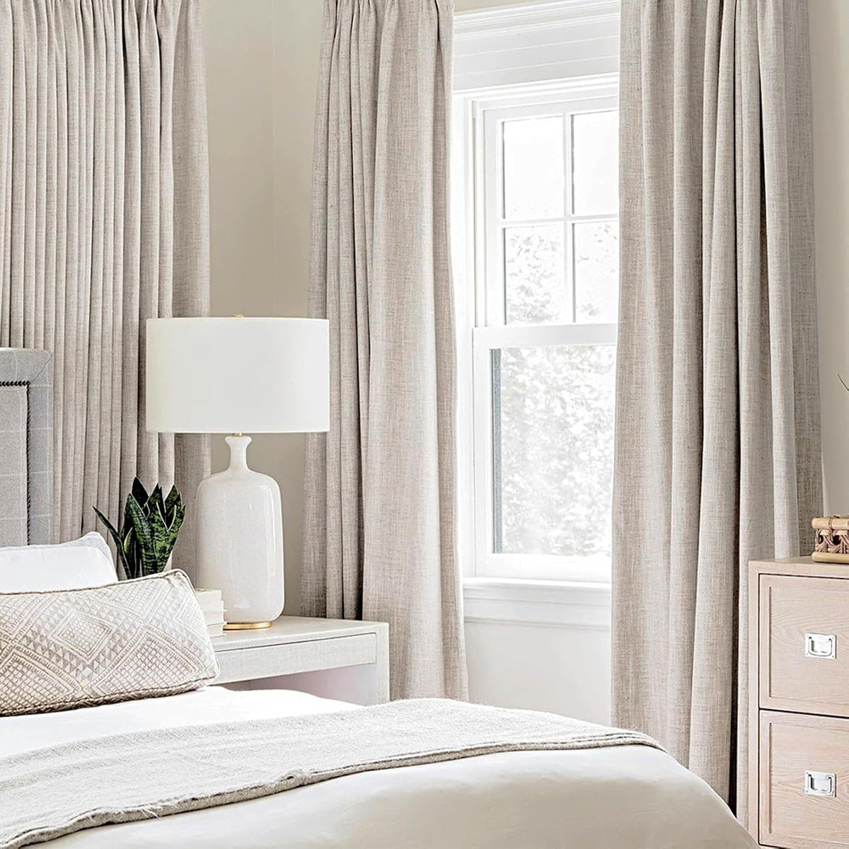 MIULEE 100% Blackout Linen Textured Curtains - Thermal Insulated Ivory Grommet Drapes | 52 x 84 Inch (2 Panels)