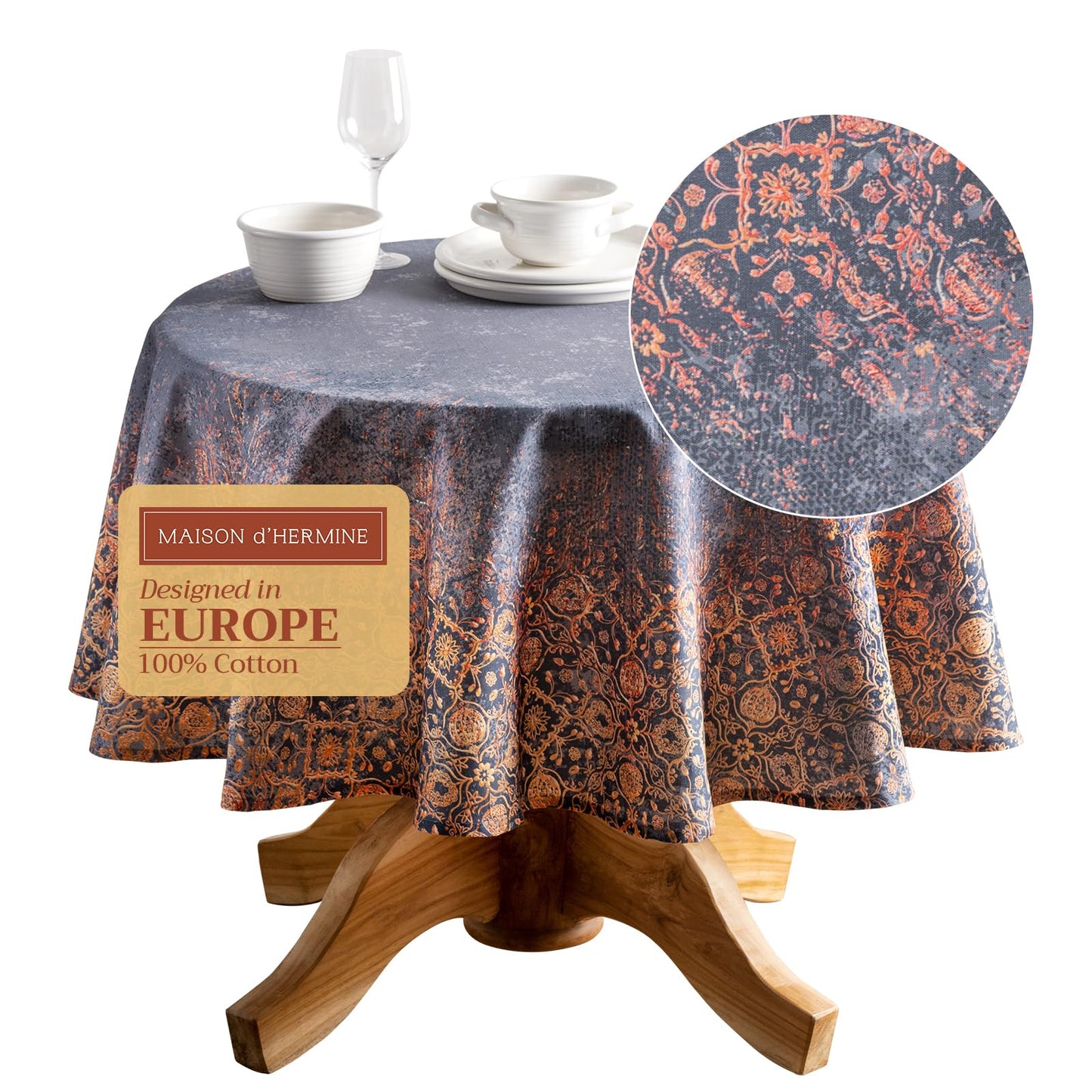 Maison d' Hermine Table Cloth Round Table 100% Cotton 63 Inches Fall Tablecloth Reusable Everyday Use for Thanksgiving Christmas Decorations Dining Farmhouse Party (Imperfection)