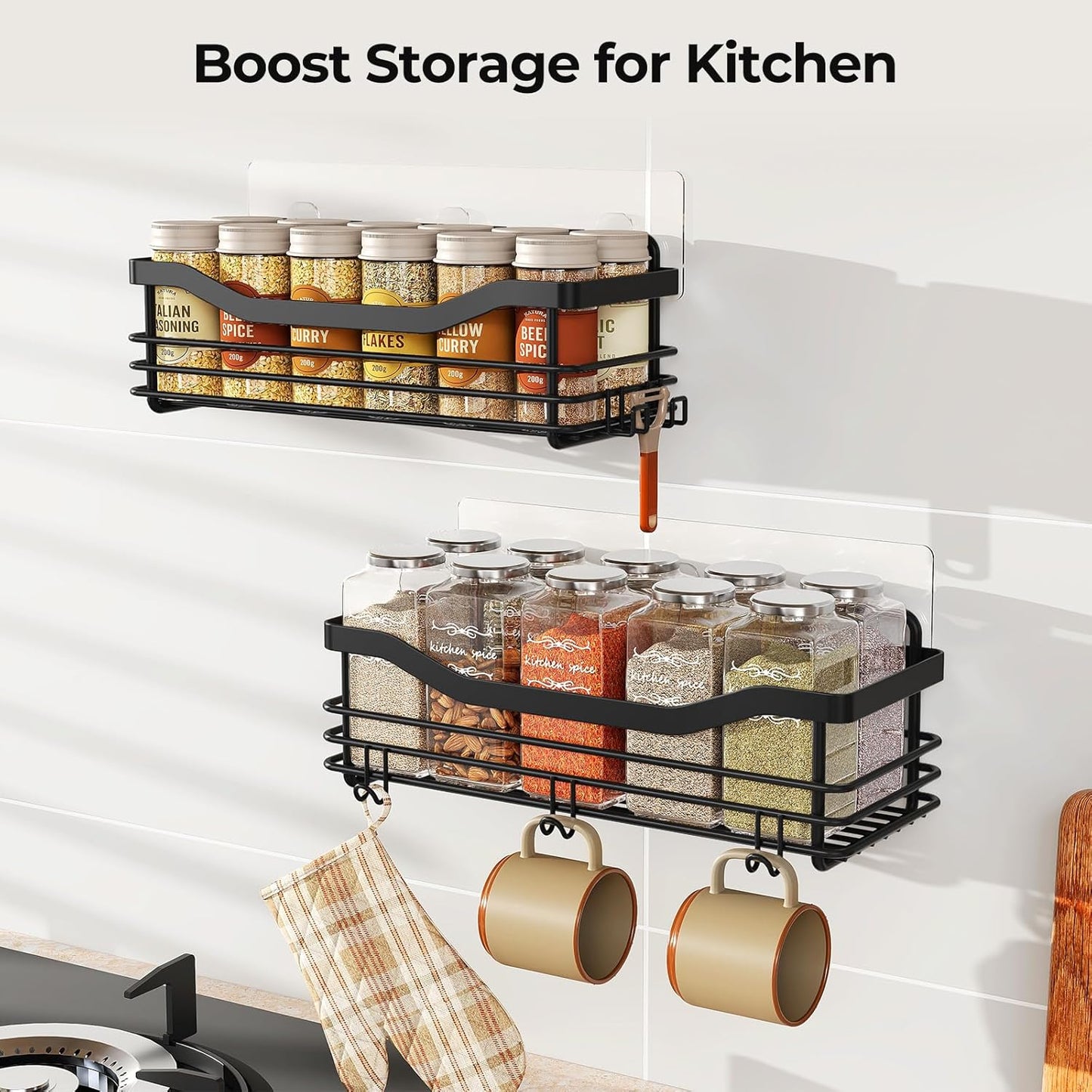 Orimade Shower Caddy Shelf - Rust Resistant Wall Mounted Organizer with 5 Hooks | 2 Pack, Black