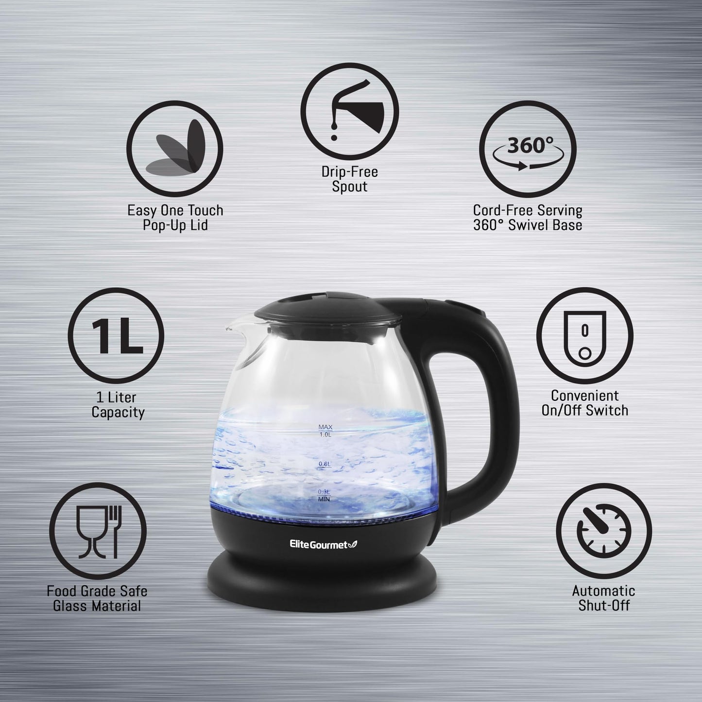 Elite Gourmet EKT1024 1L Electric Glass Tea Kettle, BPA-Free Hot Water Boiler with Blue LED, Fast Boil & Auto Shut-Off, Black