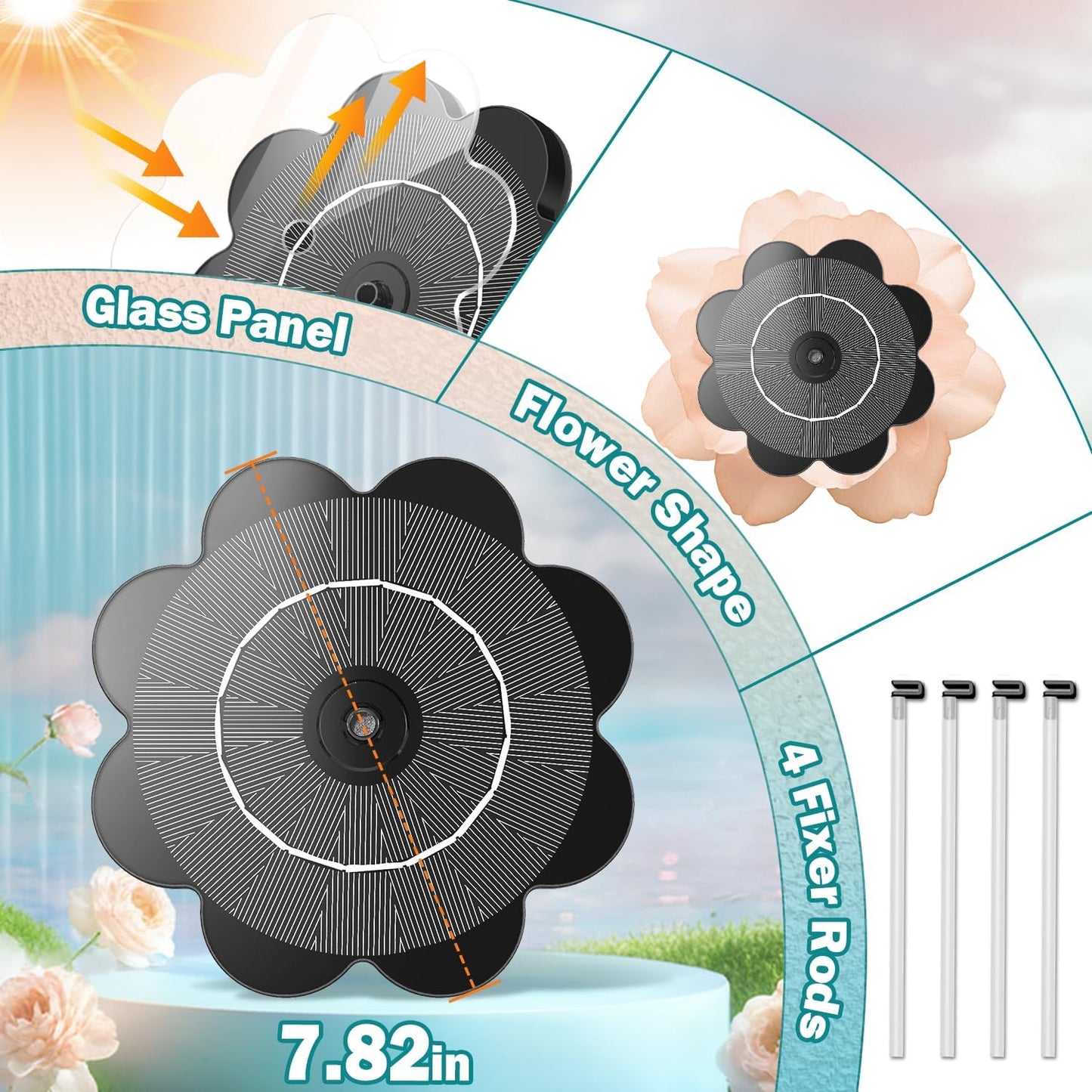 Yzert Solar Fountain - Flower Shape 3.5W Solar Water Fountain with 7 Nozzles & 4 Fixer Rods | Ideal for Bird Baths, Gardens & Ponds