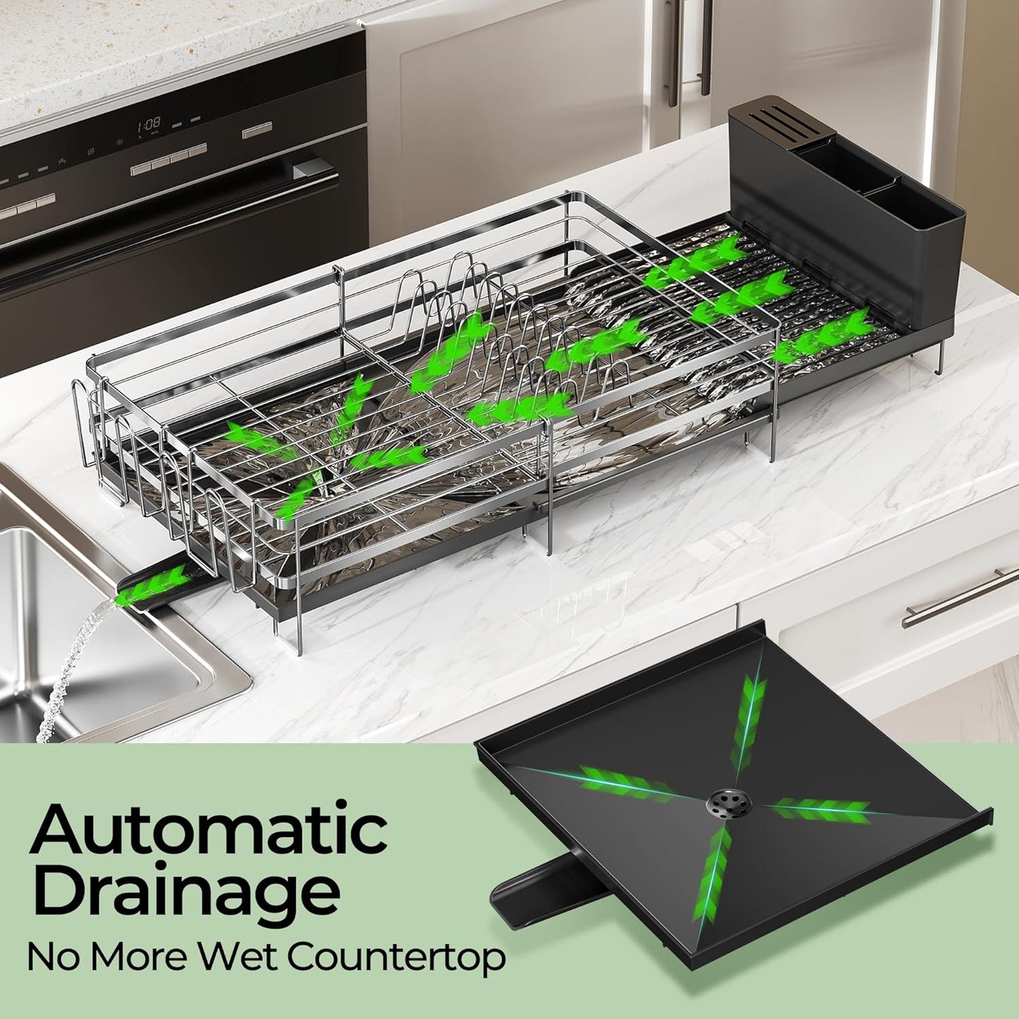 Skiennix Large Expandable Dish Drying Rack - Stainless Steel Anti-Rust Kitchen Drainer | 13.4"-28.7" L x 11.8" W