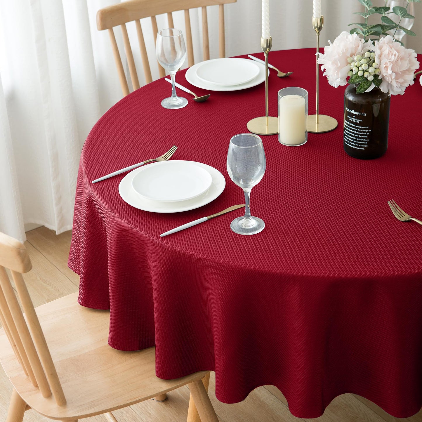 Biscaynebay 2 Pack Textured Fabric Round Tablecloths 70", Red Water Resistant Tableclothes Small Circle Folding Table Covers Linen for Dining, Kitchen, Wedding, Parties etc Machine Washable
