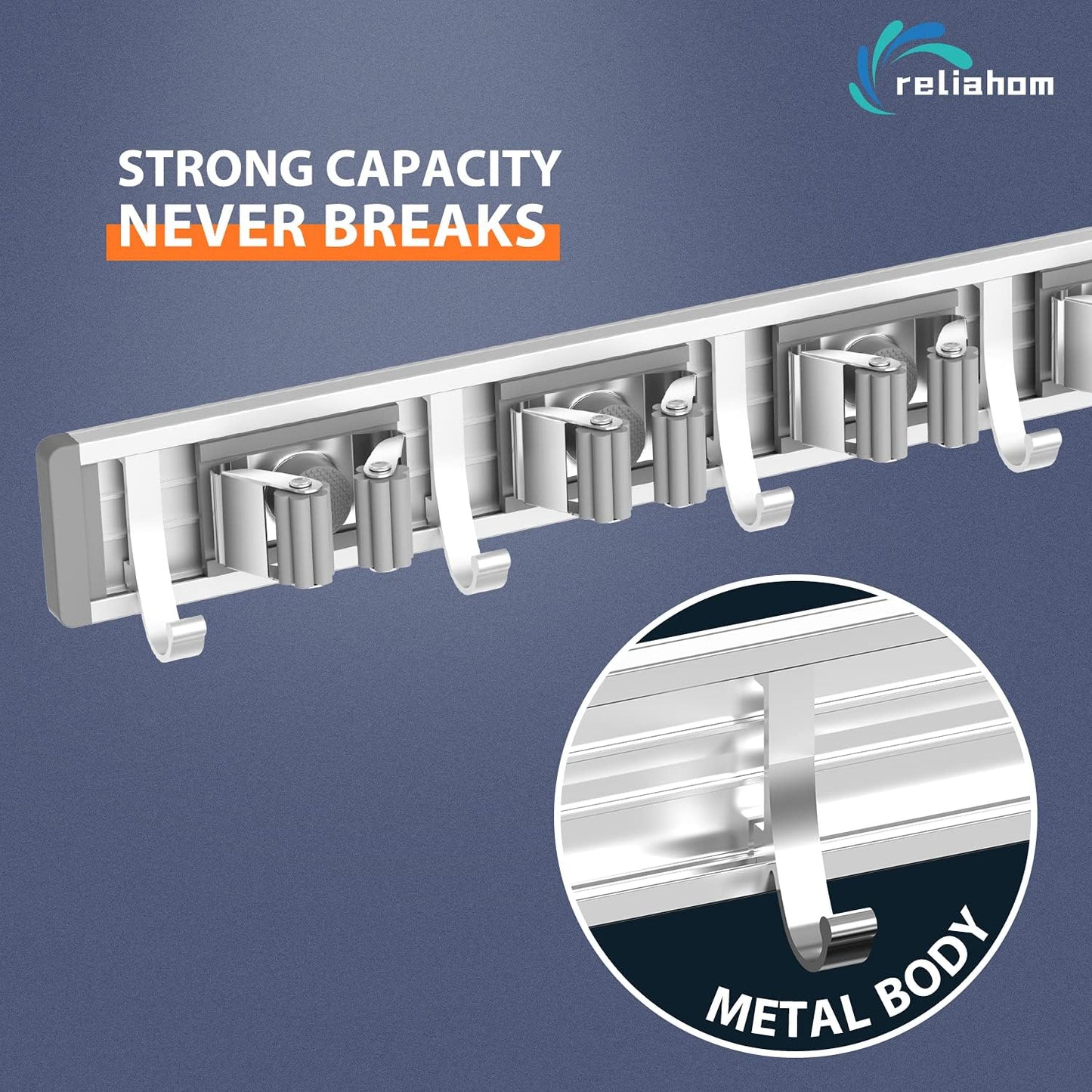 Reliahom Adjustable Broom Holder - Wall Mount Mop Storage Organizer with 4 Racks & 5 Hooks | Silver Finish