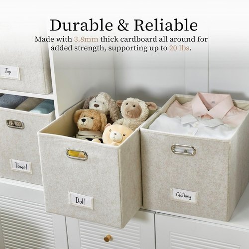 DECOMOMO Felt Storage Bins - 11-Inch Cube Storage Bins with Labels for Kallax Shelves | Beige (Set of 6)