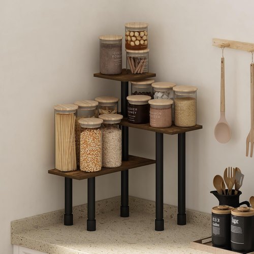 Furinno 3-Tier Corner Kitchen Countertop Organizer - Amber Pine Storage Shelf for Pantry & Kitchen