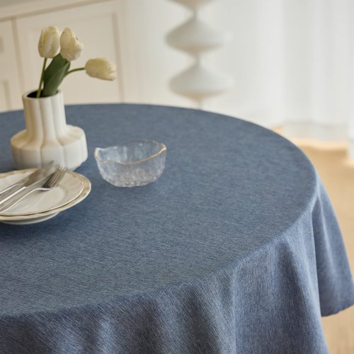 Decorelia Waterproof Faux Linen Rustic Farmhouse Table Cloth for Round Table, Texture Wrinkle-free Outdoor Table Cover for Party, Wedding, Picnics, Patio Table (60 Inch, Round (2-4 Seats), Denim Blue)