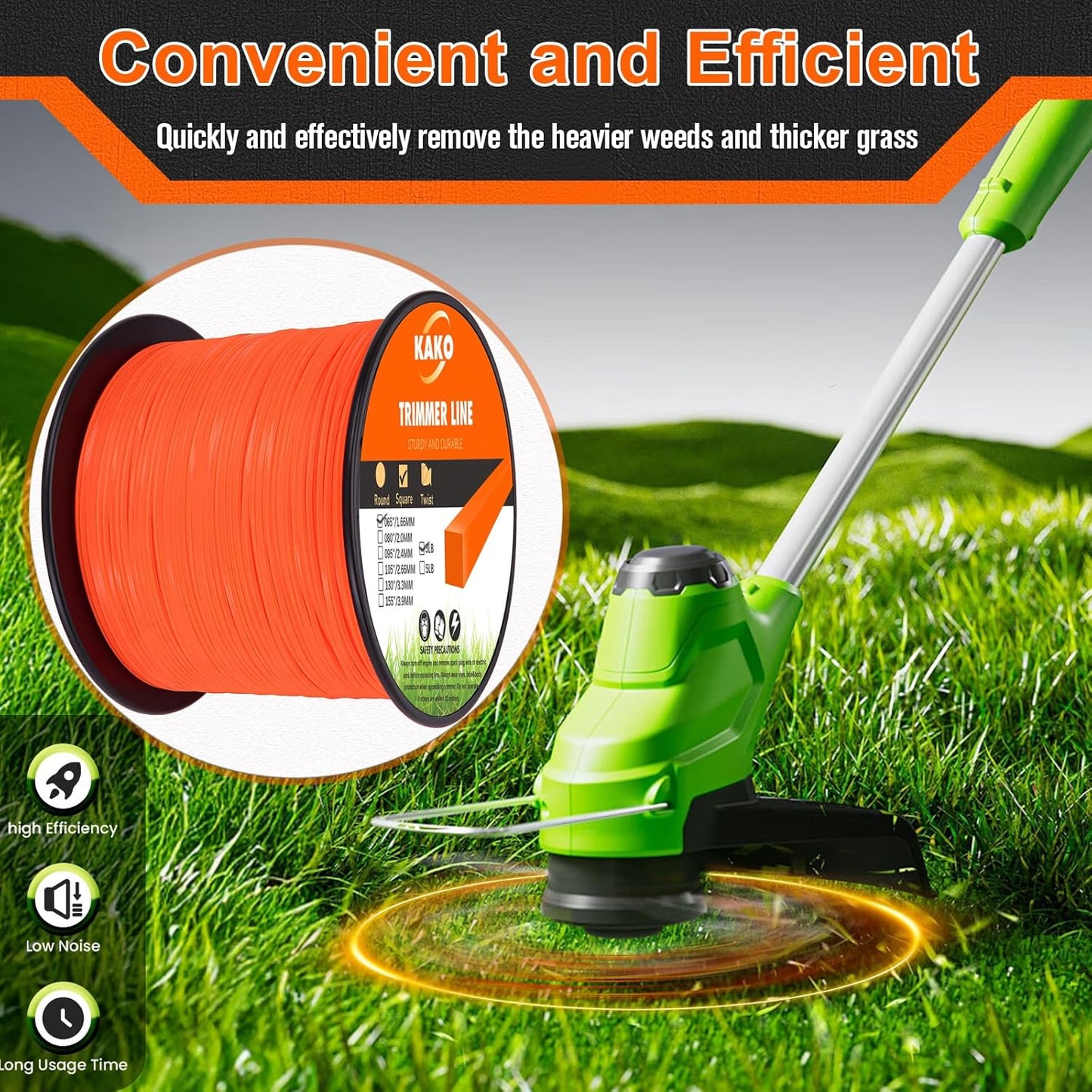 KAKO 065 Weed Trimmer Line - Durable Square Nylon String | 1680 Ft | Fits Most Trimmers
