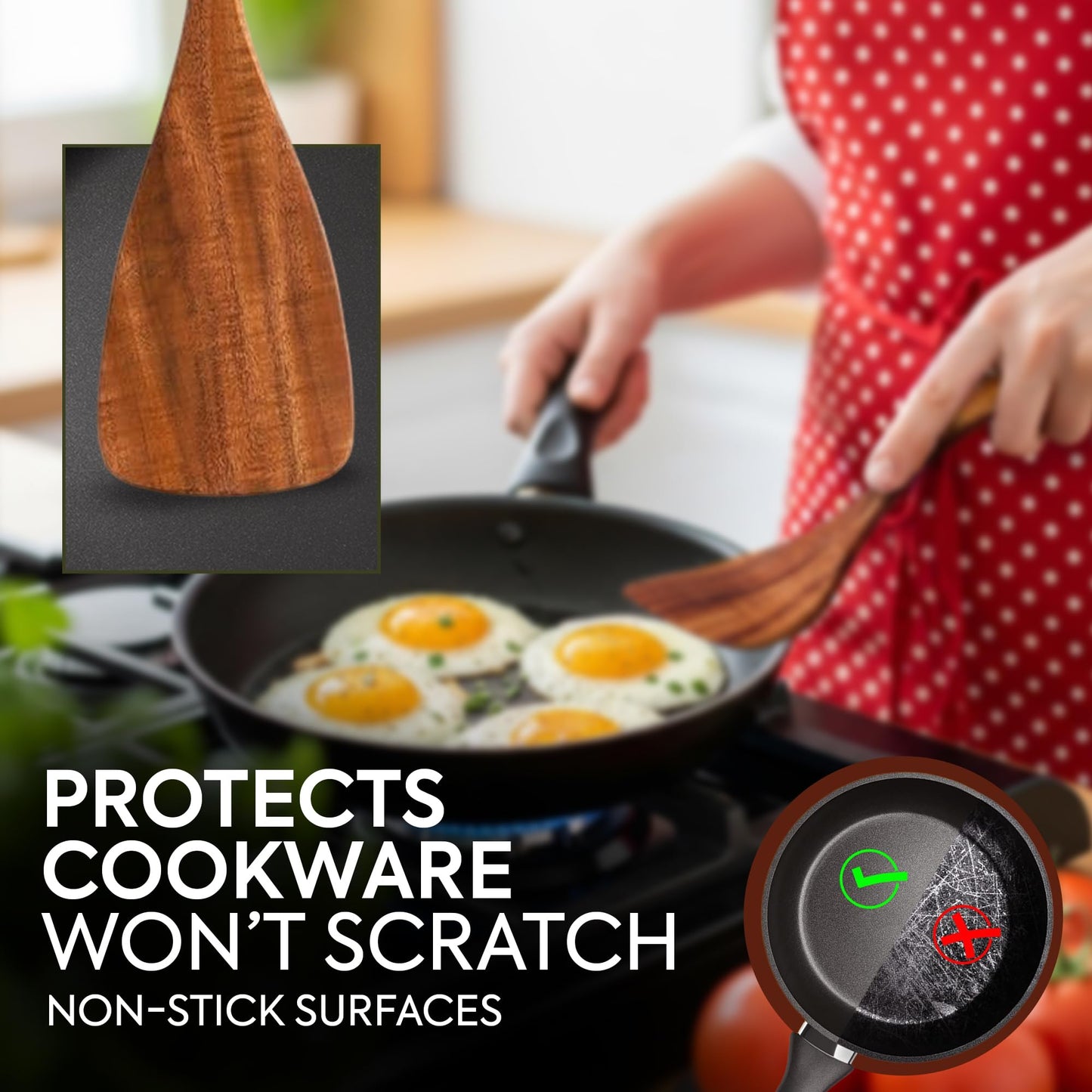 Wooden Spatula for Cooking, Teak Wood Spatula for non stick frying pan With Long Handle - Wooden Pancake Spurtle Non-Stick Cooking Utensils for kitchen use