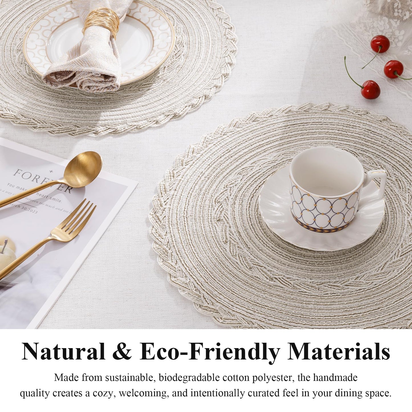 SHACOS 15 inch Round Braided Placemats Set of 12 for Dining Table Woven Boho Place Mats Kitchen Placemat Washable Table Mats, Ivory Bordered