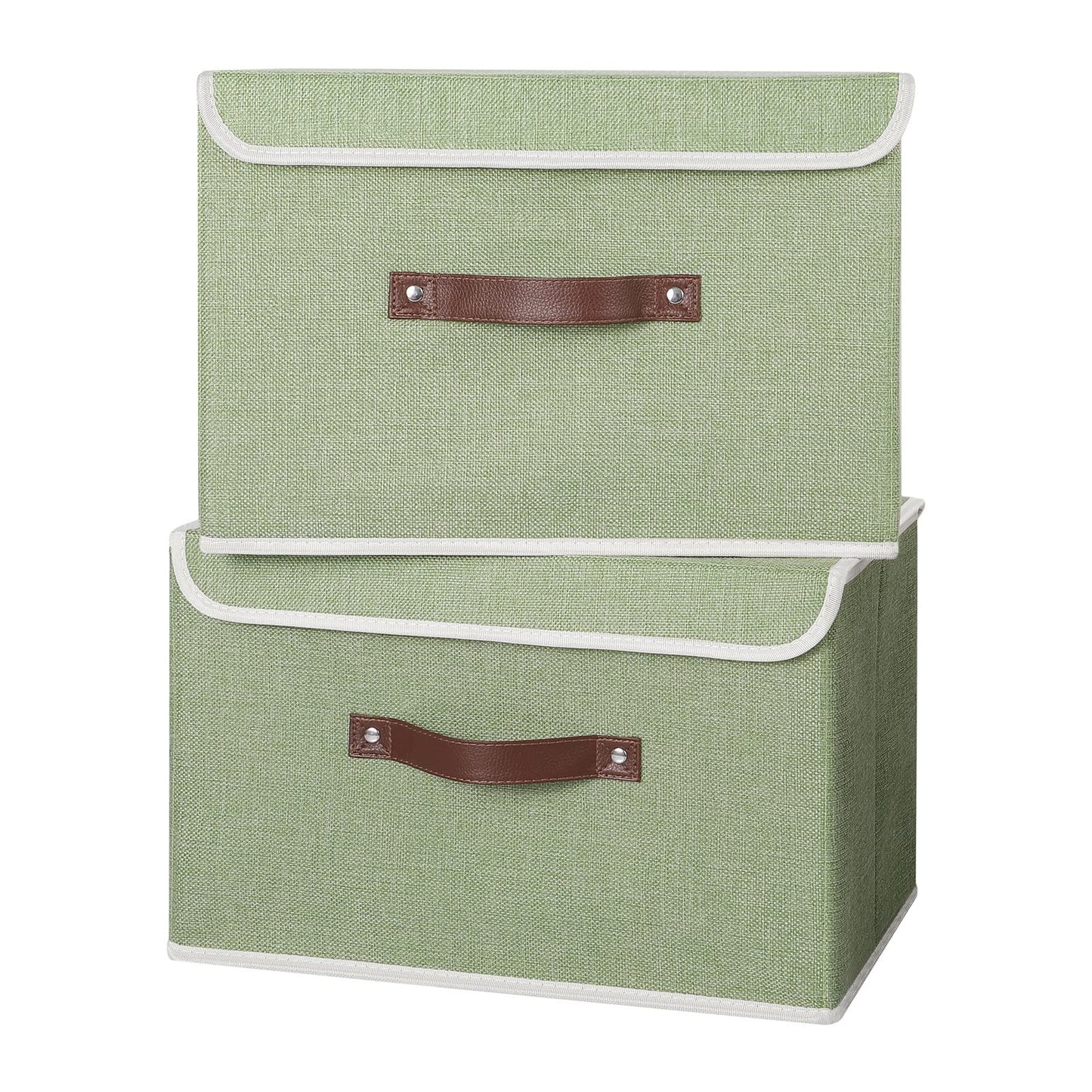 ANMINY 4PCS Storage Bins with Lid PU Leather Handles Storage Boxes PP Plastic Board Decorative Foldable Lidded Cotton Linen Fabric Home Cubes Baskets Closet Organizer Containers - Green, Large Size