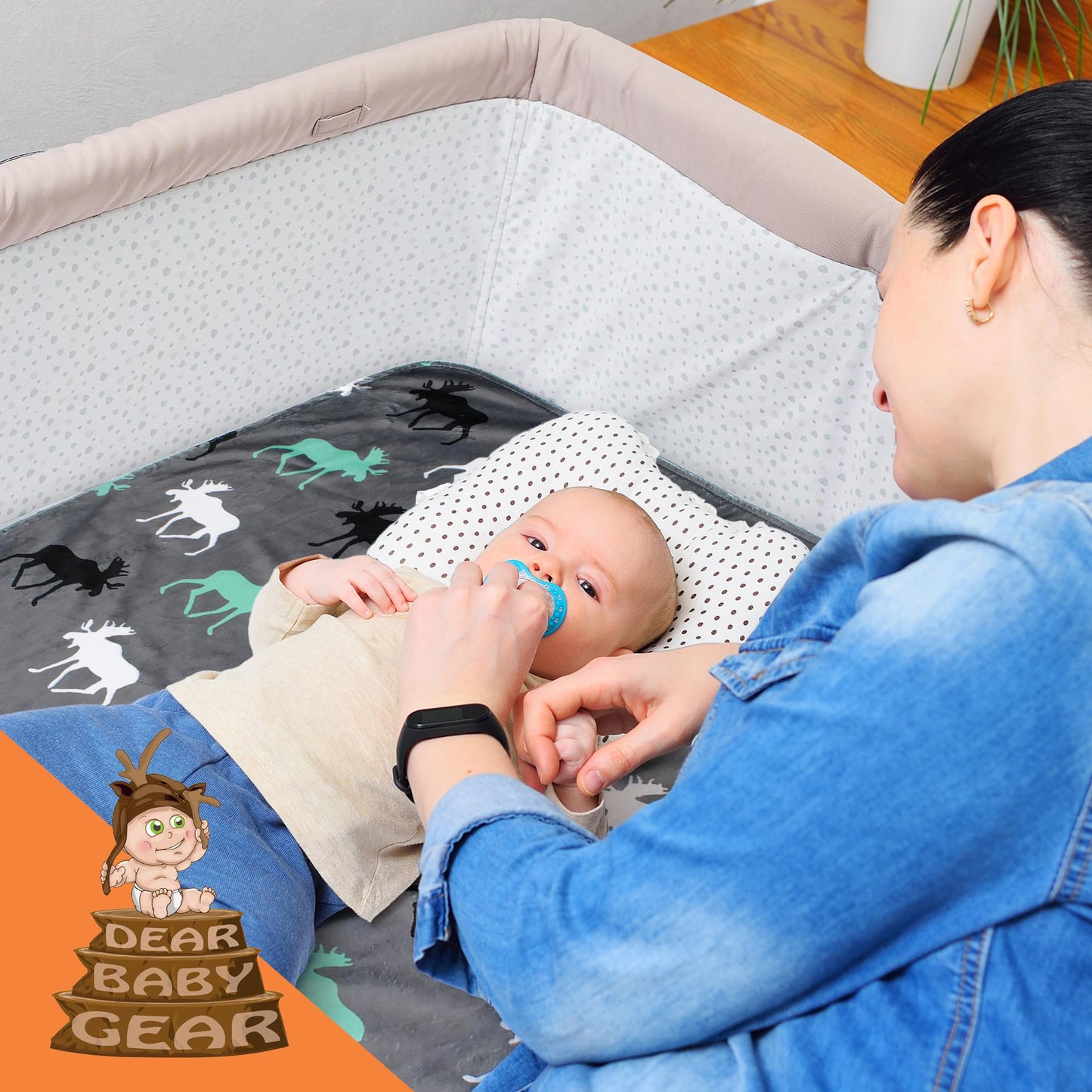 Dear Baby Gear - Reversible Baby Blankets - Soft Nursery Blanket for Newborn - Toddler Blankey - Throw Blanket for Boys & Girls - Infant Blankets - 40x30" (White Gray and Mint, Moose)
