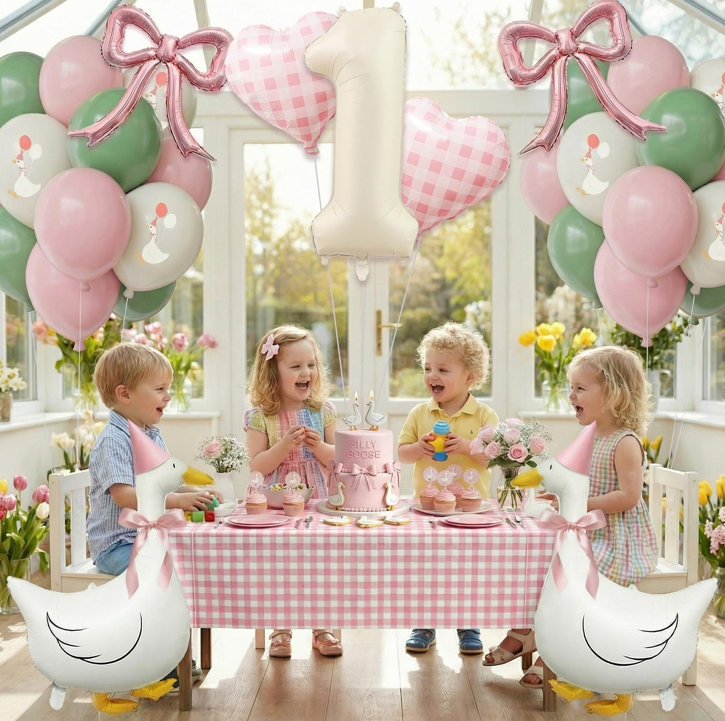 One Silly Goose 1st Birthday Decorations Girl – 40 Inch Number 1 Balloon, Goose Balloons with Pink Bow & Hats, Cute Baby Girl First Birthday Party Supplies