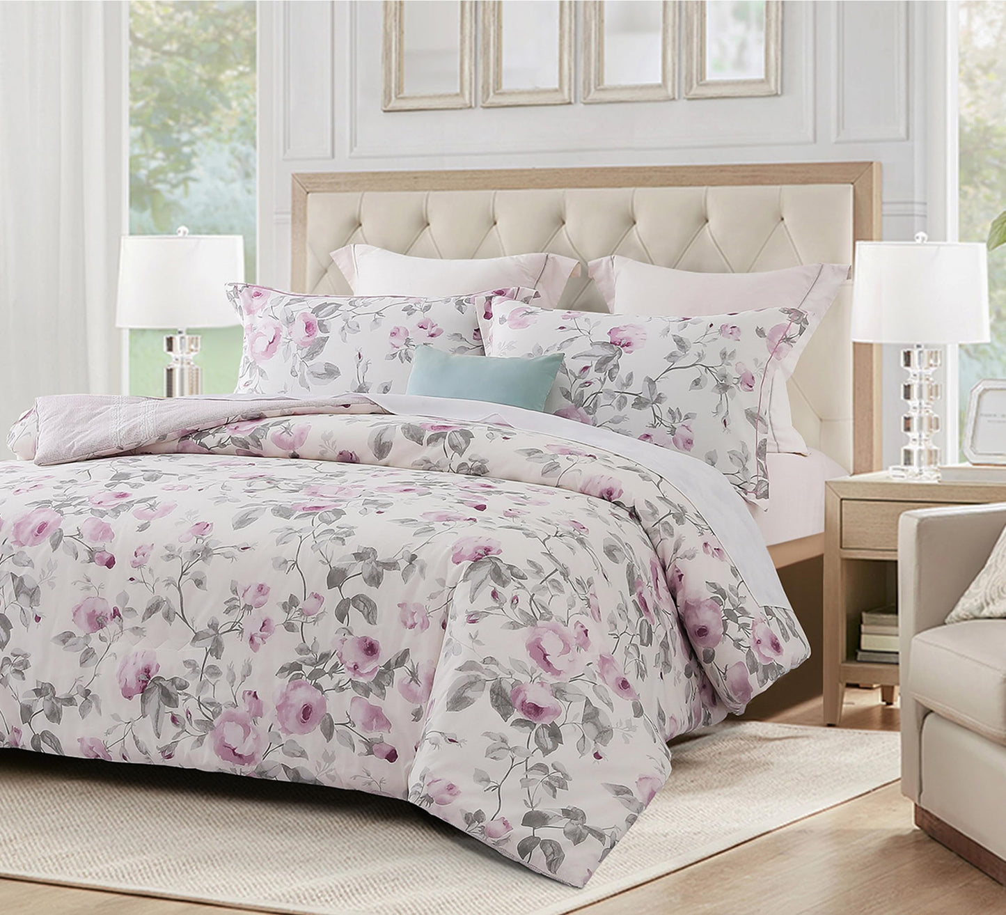 SLEEPBELLA Comforter Twin Size, 600 Thread Count Cotton White Print with Purple Flowers Reversible Comforter Sets, Down Alternative Bedding Set 2Pcs(Twin, Purple Floral)